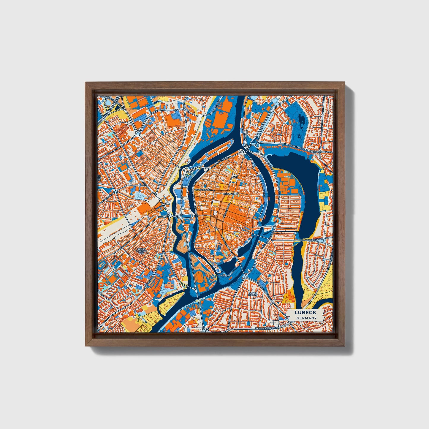 Lübeck Germany Colorful City Map Canvas Print • Dark Wooden Framed