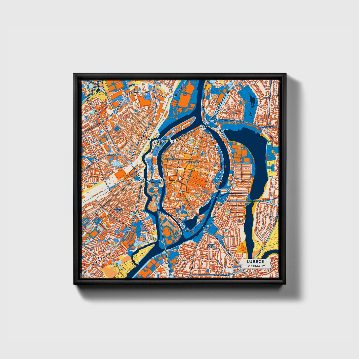Lübeck Germany Colorful City Map Canvas Print • Black Framed