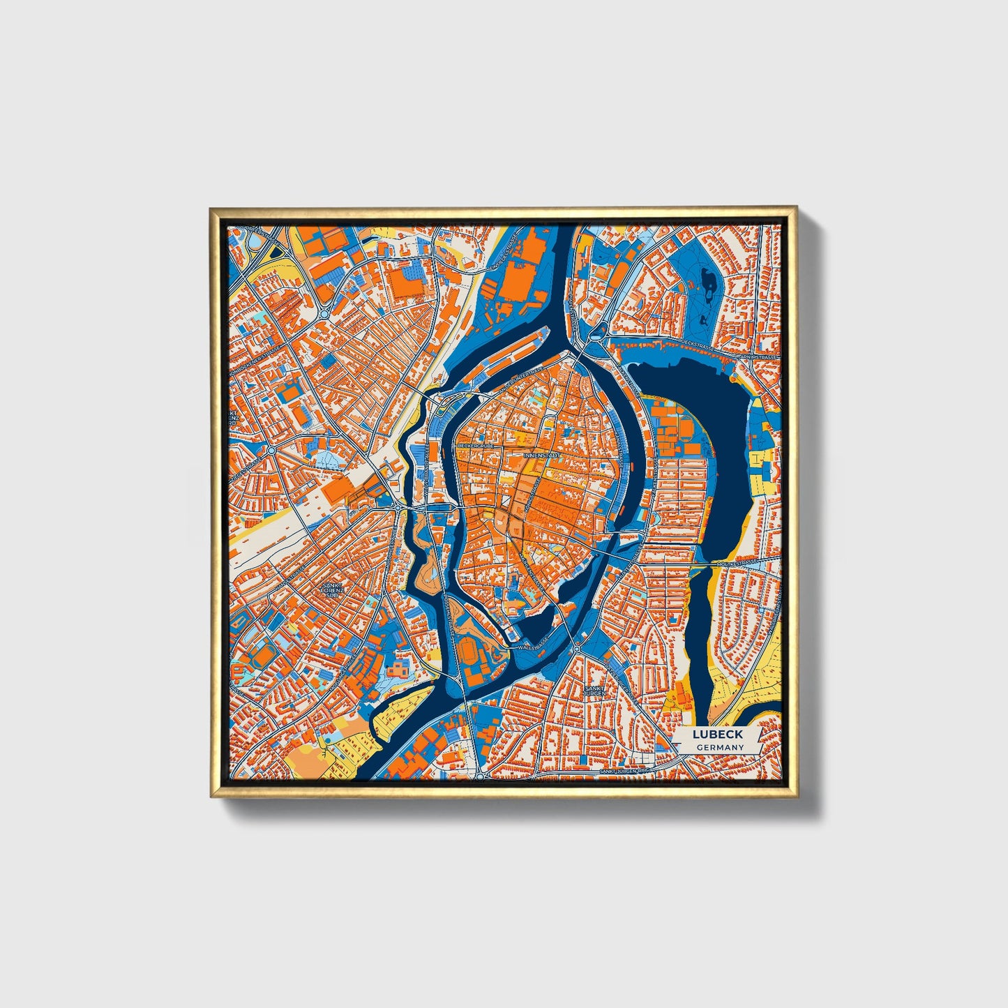Lübeck Germany Colorful City Map Canvas Print • Gold Framed