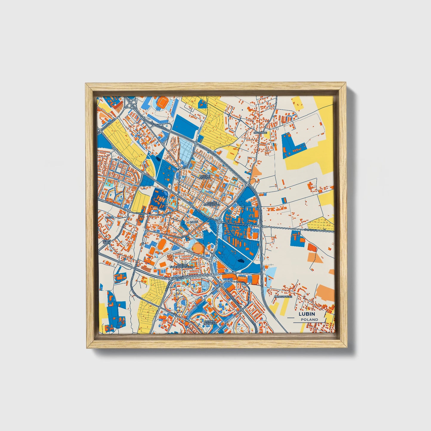 Lubin Poland Colorful City Map Canvas Print • Natural Wooden Framed