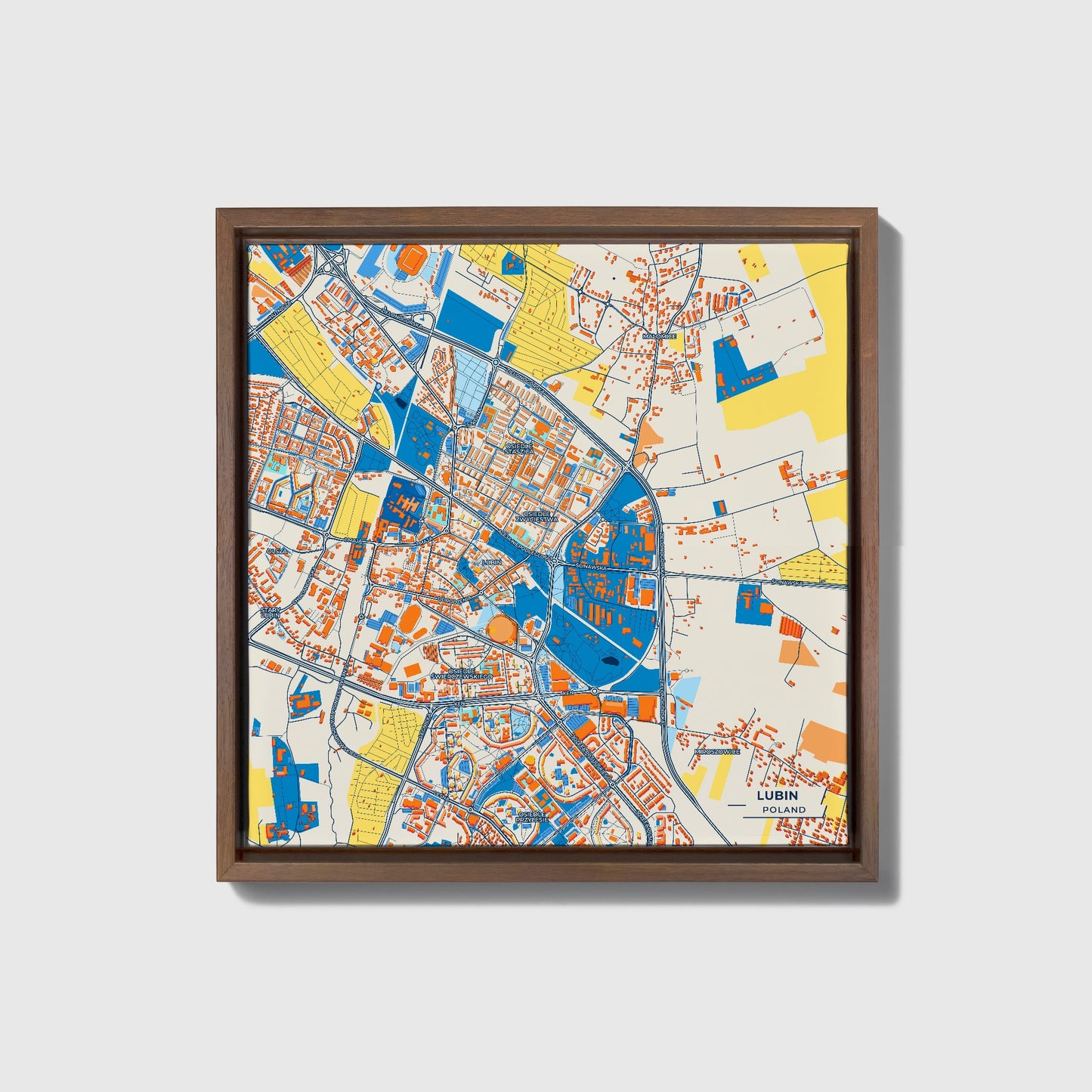 Lubin Poland Colorful City Map Canvas Print • Dark Wooden Framed