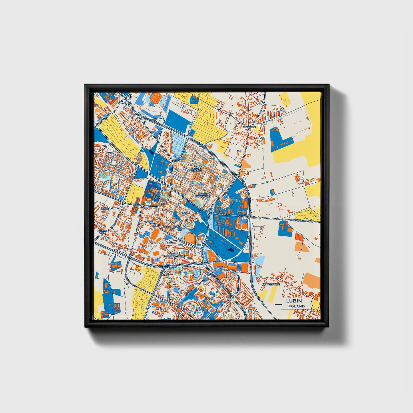 Lubin Poland Colorful City Map Canvas Print • Black Framed