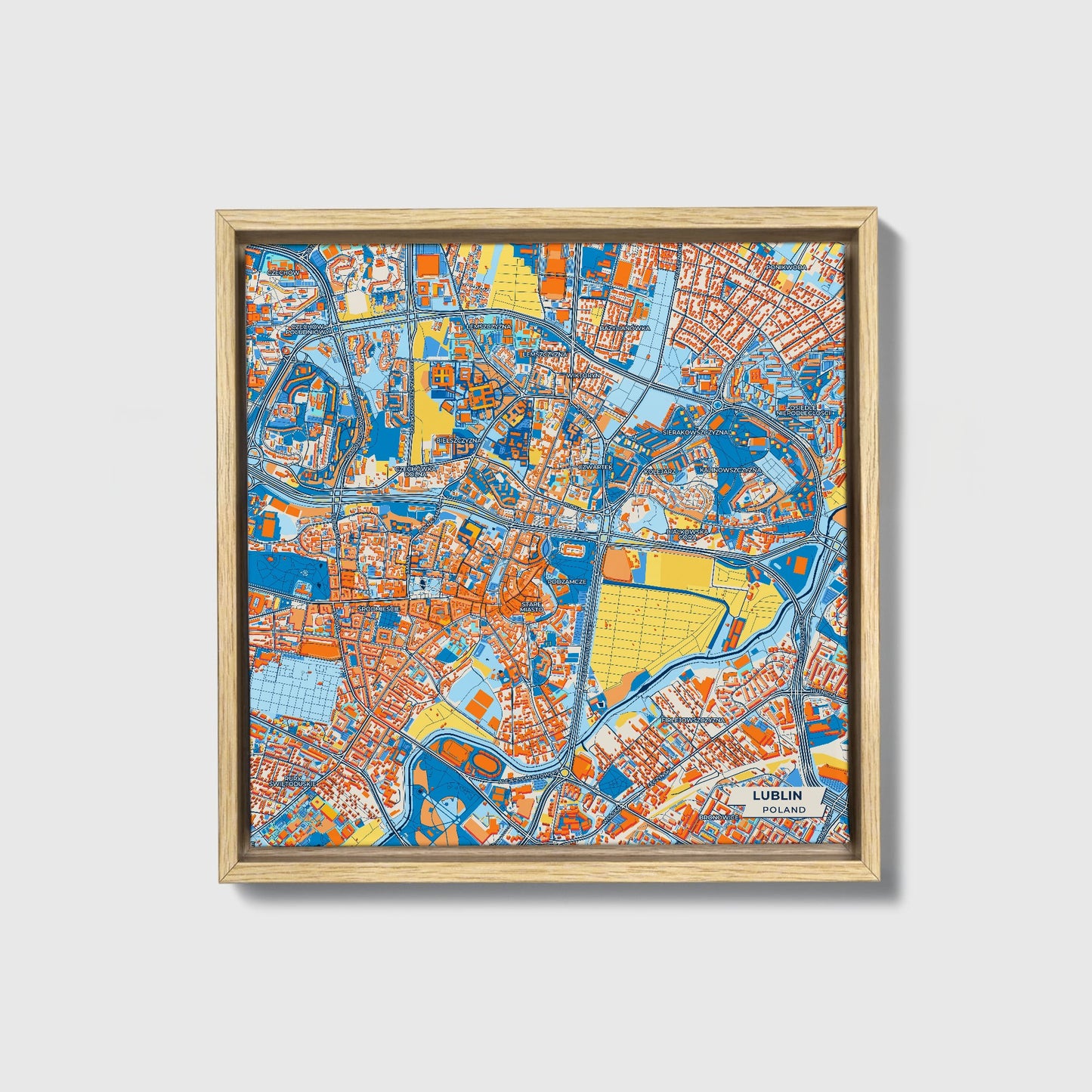 Lublin Poland Colorful City Map Canvas Print • Natural Wooden Framed