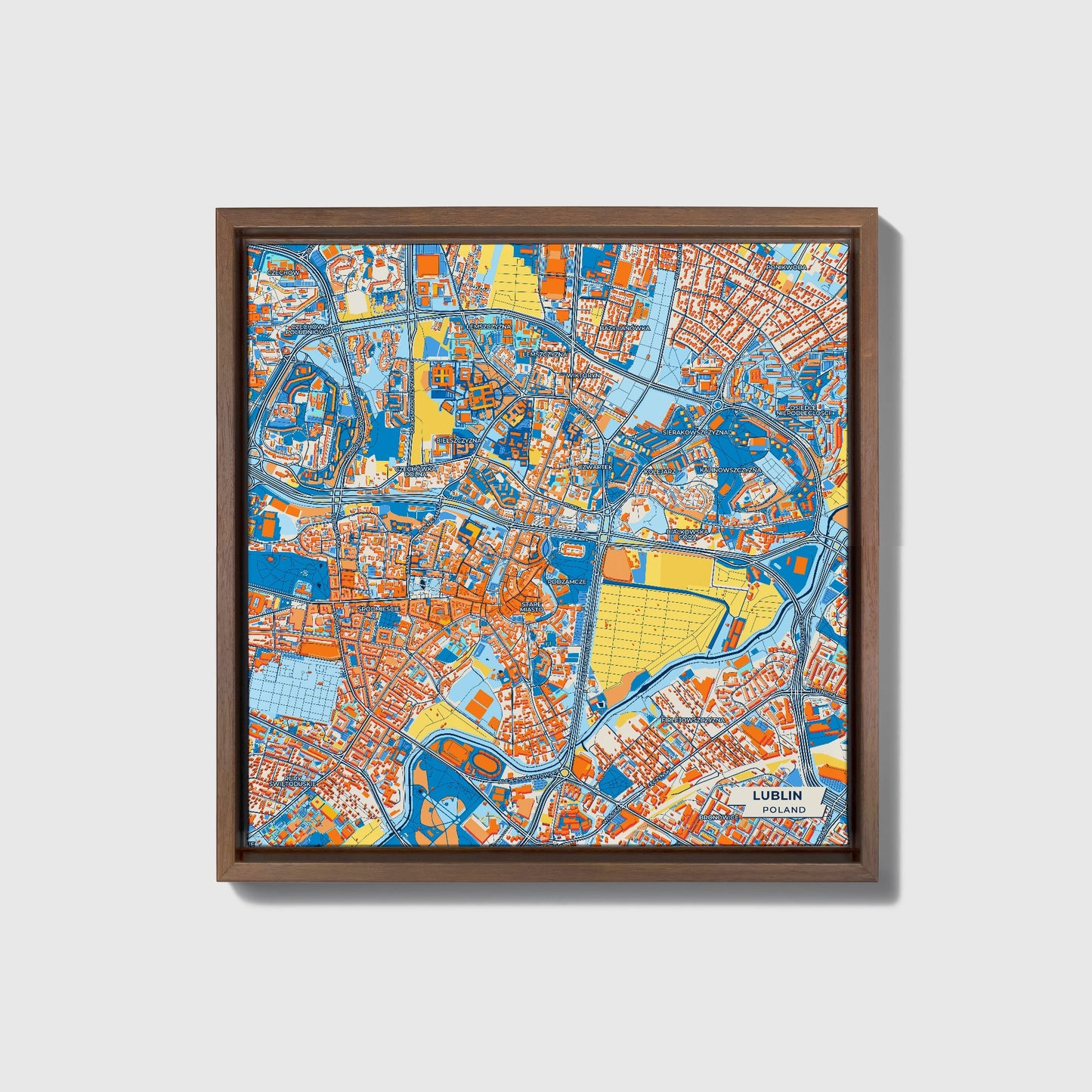 Lublin Poland Colorful City Map Canvas Print • Dark Wooden Framed