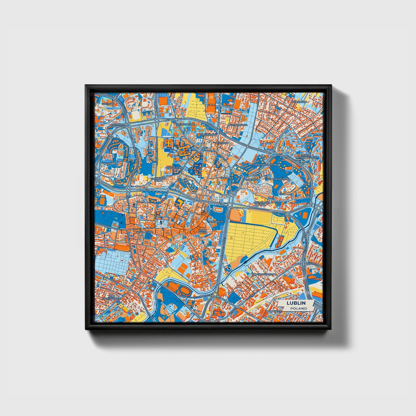 Lublin Poland Colorful City Map Canvas Print • Black Framed