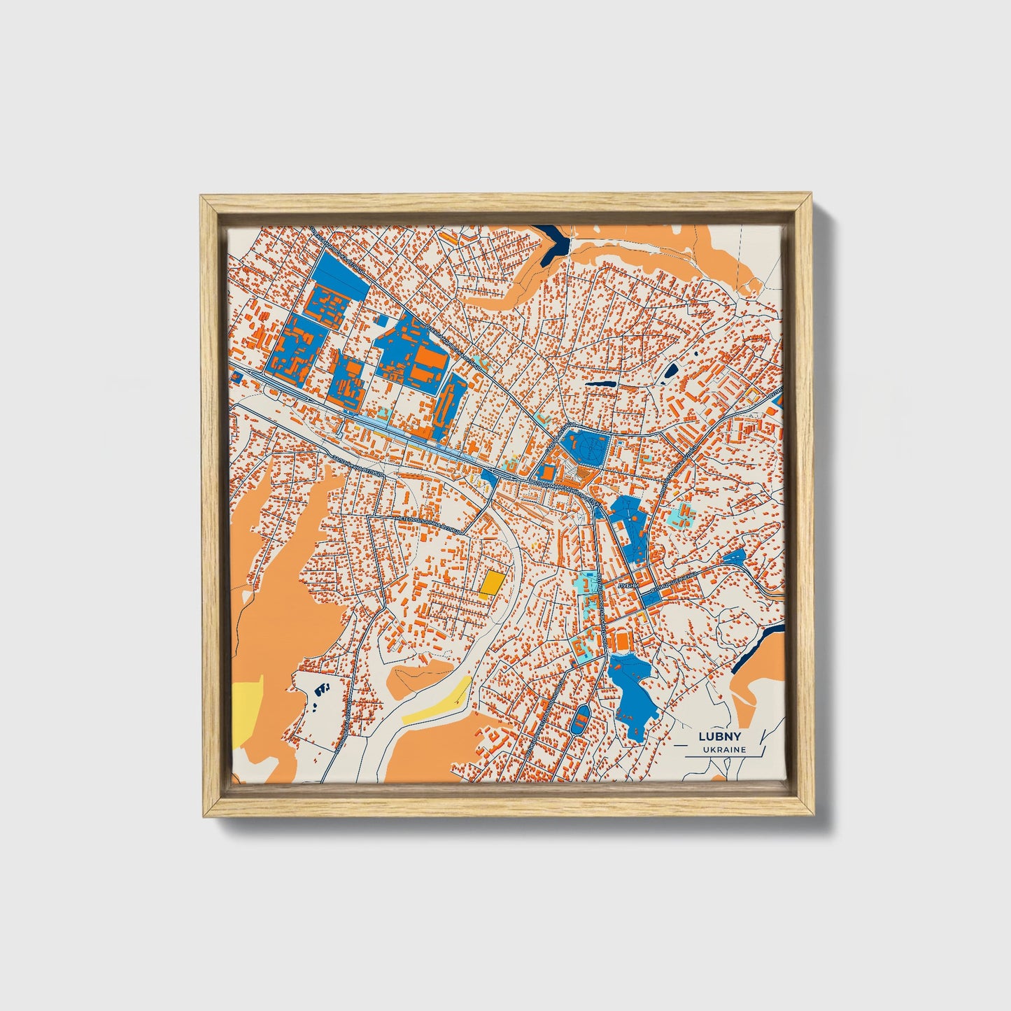 Lubny Ukraine Colorful City Map Canvas Print • Natural Wooden Framed