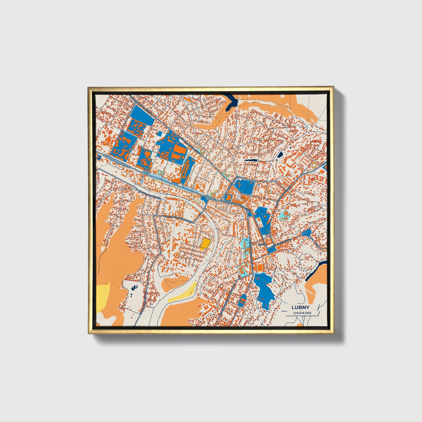 Lubny Ukraine Colorful City Map Canvas Print • Gold Framed