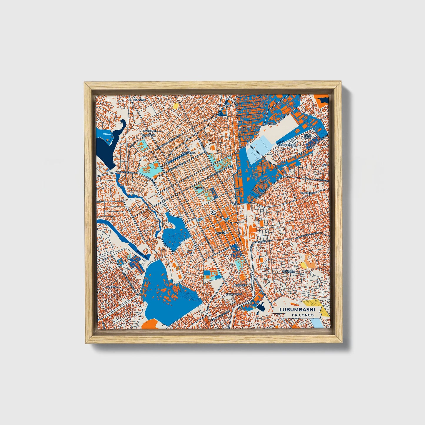 Lubumbashi Dr Congo Colorful City Map Canvas Print • Natural Wooden Framed