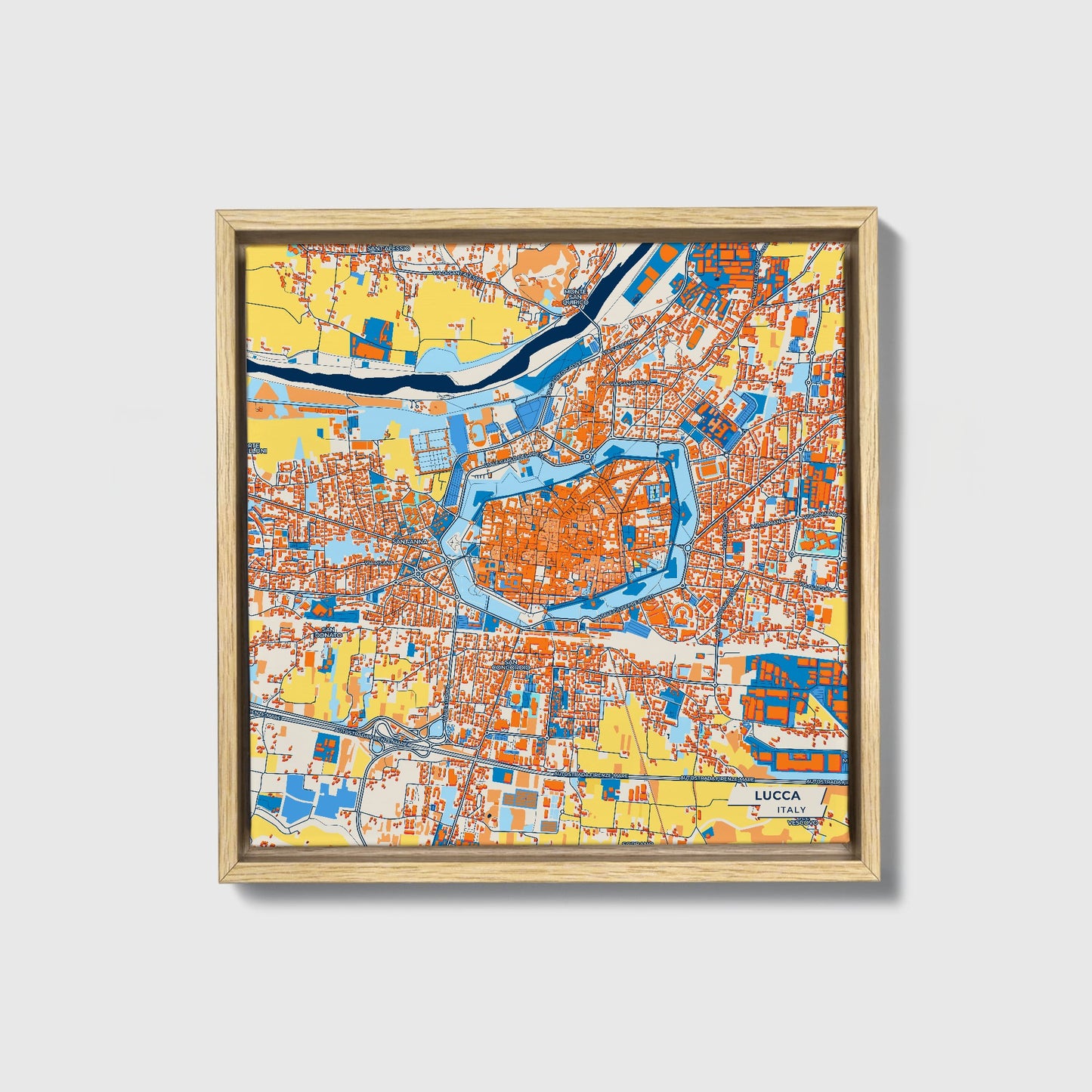 Lucca Italy Colorful City Map Canvas Print • Natural Wooden Framed