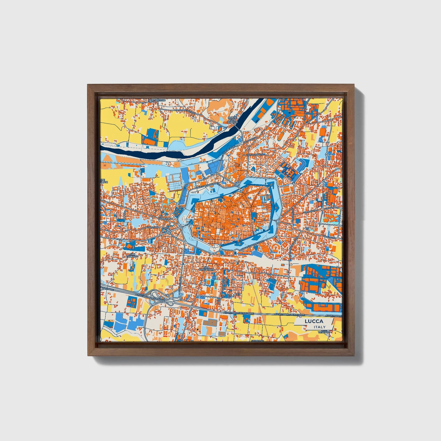 Lucca Italy Colorful City Map Canvas Print • Dark Wooden Framed