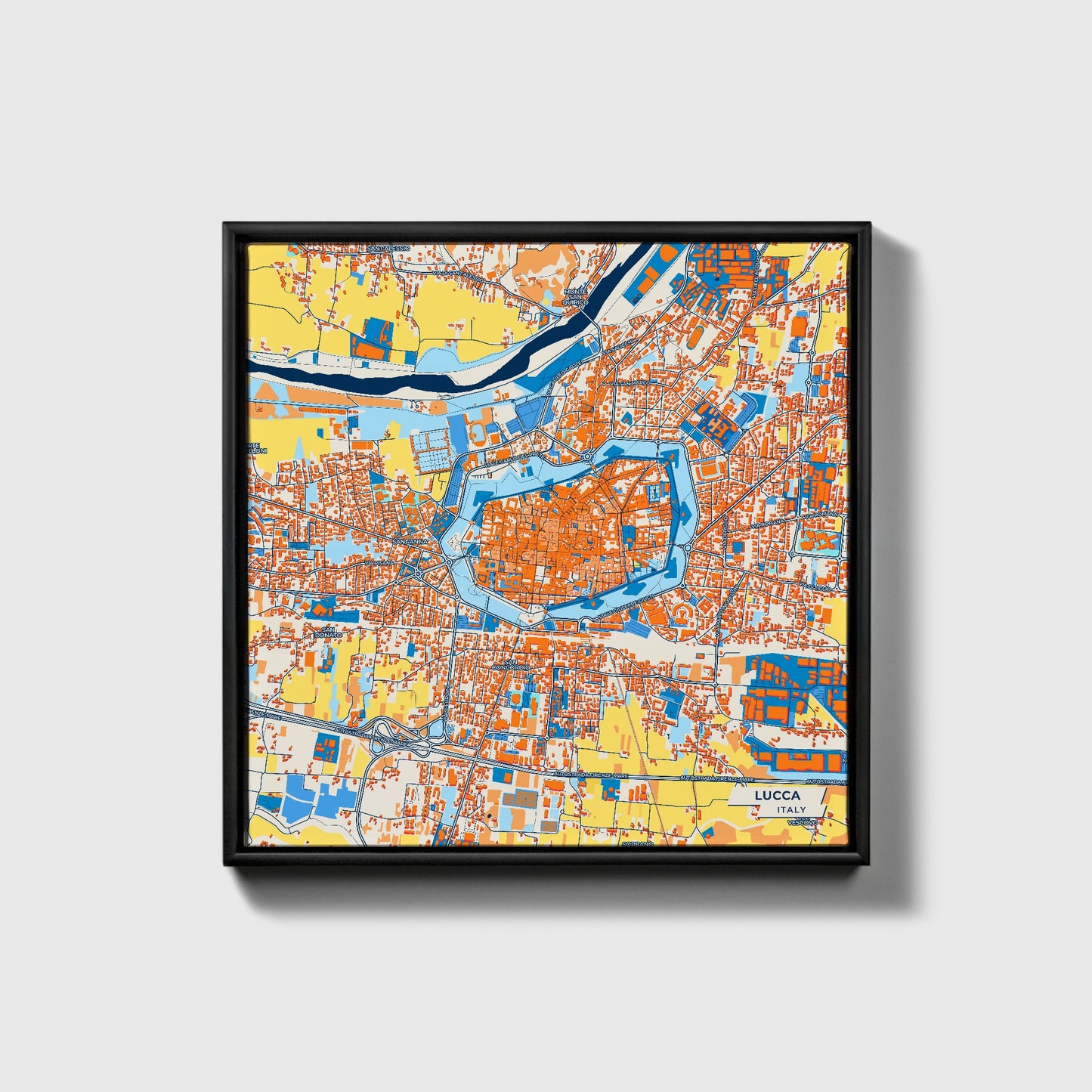 Lucca Italy Colorful City Map Canvas Print • Black Framed