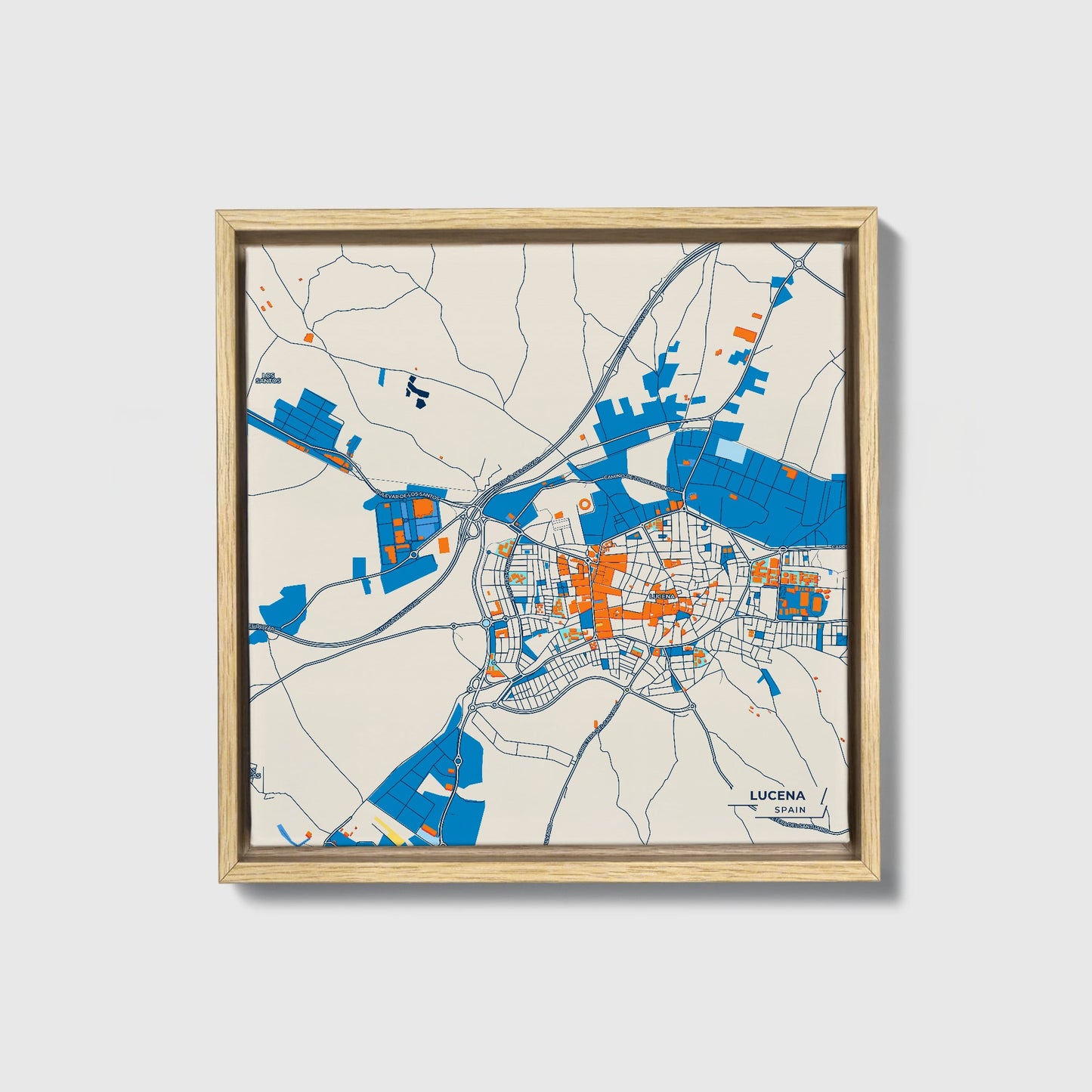 Lucena Spain Colorful City Map Canvas Print • Natural Wooden Framed