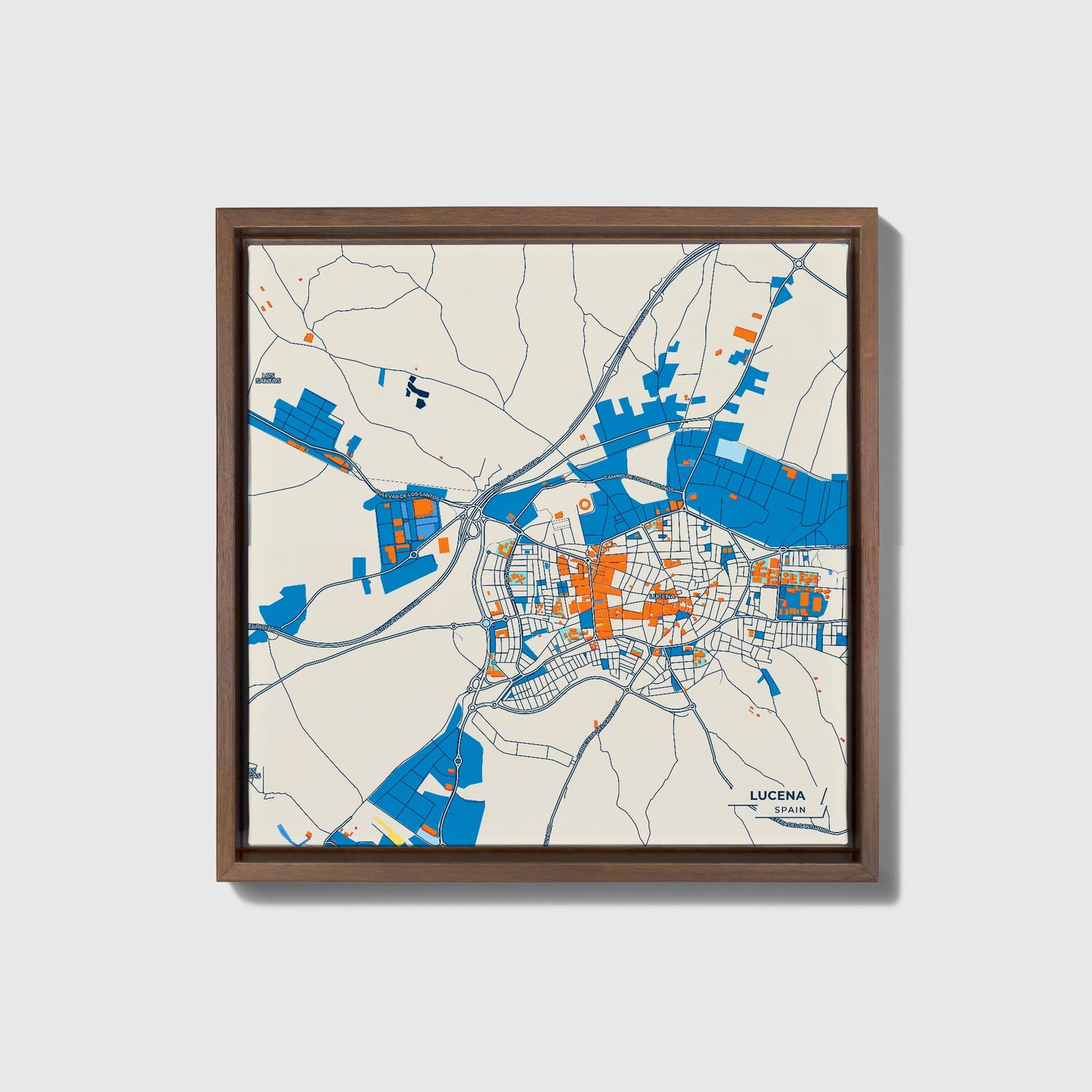 Lucena Spain Colorful City Map Canvas Print • Dark Wooden Framed
