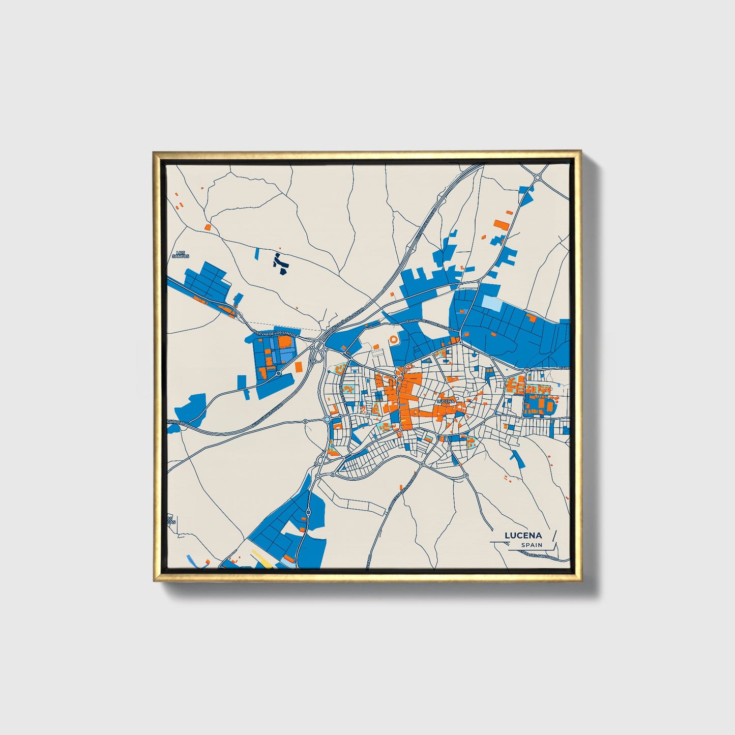 Lucena Spain Colorful City Map Canvas Print • Gold Framed