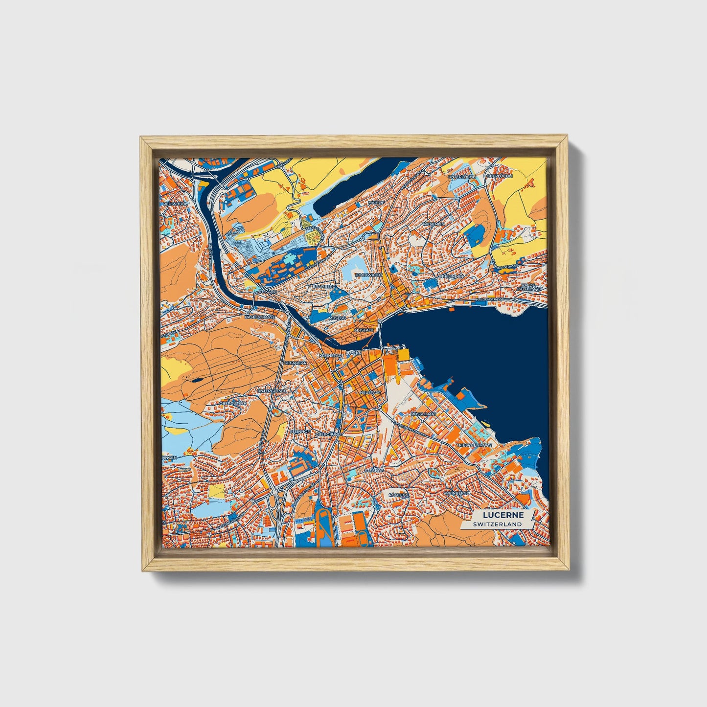 Lucerne Switzerland Colorful City Map Canvas Print • Natural Wooden Framed