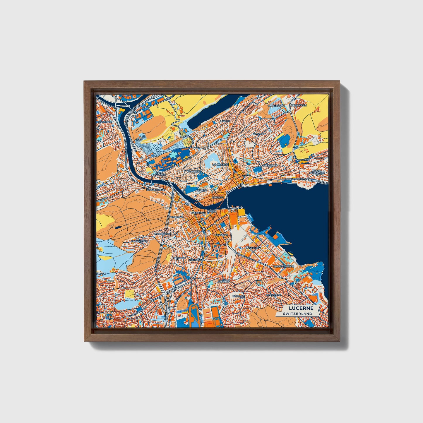 Lucerne Switzerland Colorful City Map Canvas Print • Dark Wooden Framed