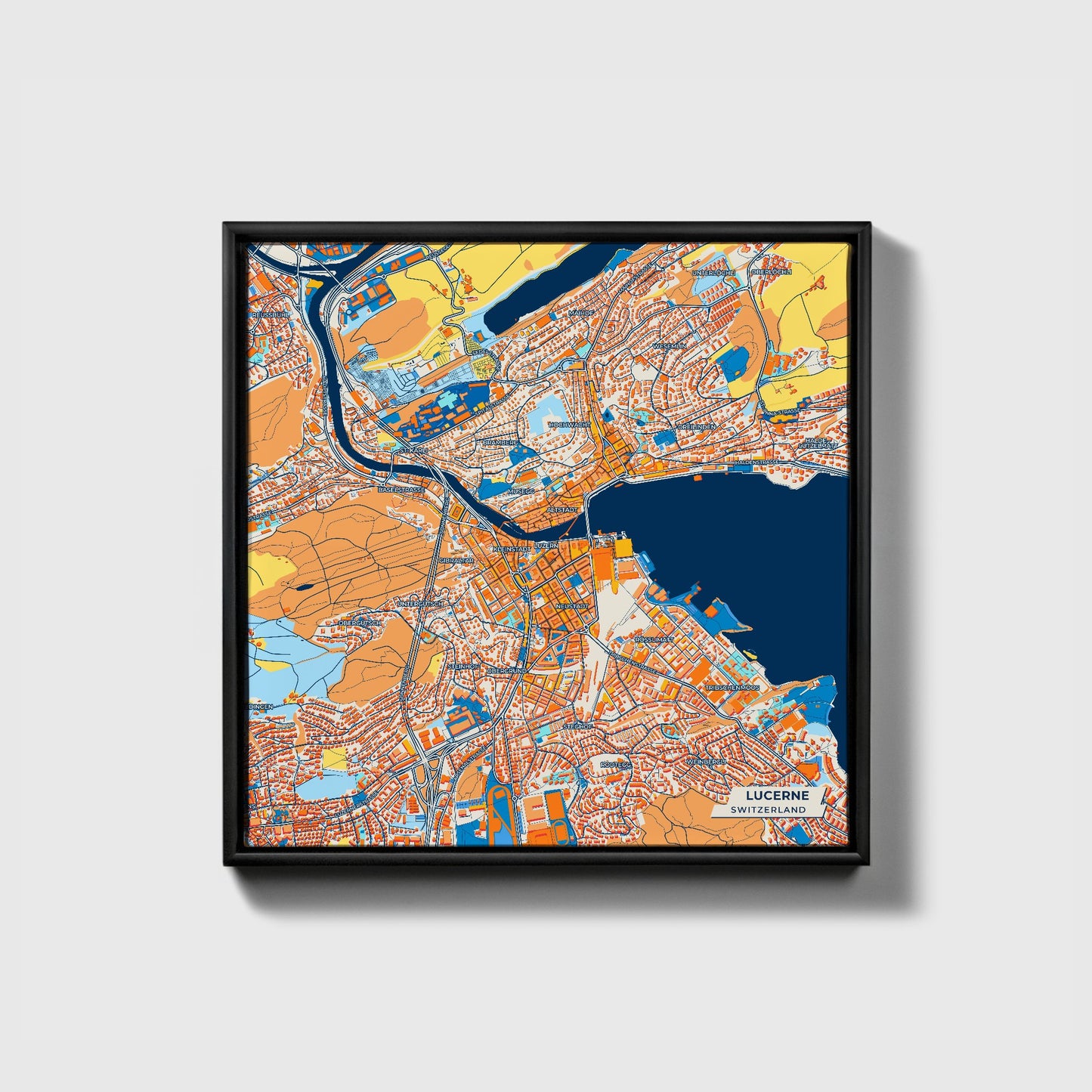Lucerne Switzerland Colorful City Map Canvas Print • Black Framed
