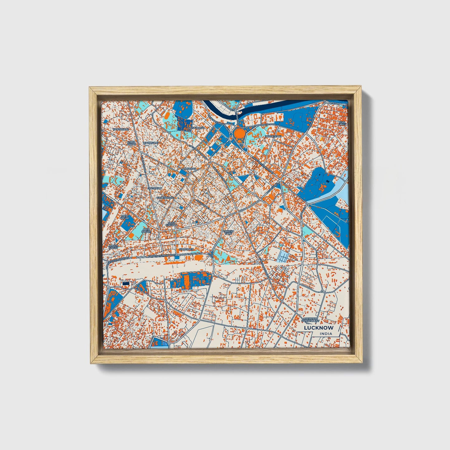 Lucknow India Colorful City Map Canvas Print • Natural Wooden Framed