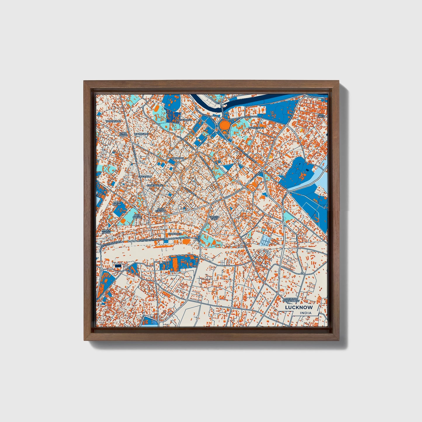 Lucknow India Colorful City Map Canvas Print • Dark Wooden Framed