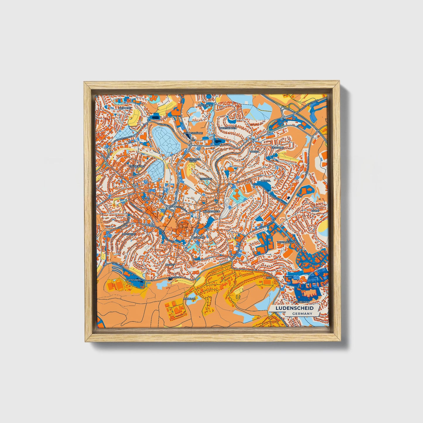 Lüdenscheid Germany Colorful City Map Canvas Print • Natural Wooden Framed