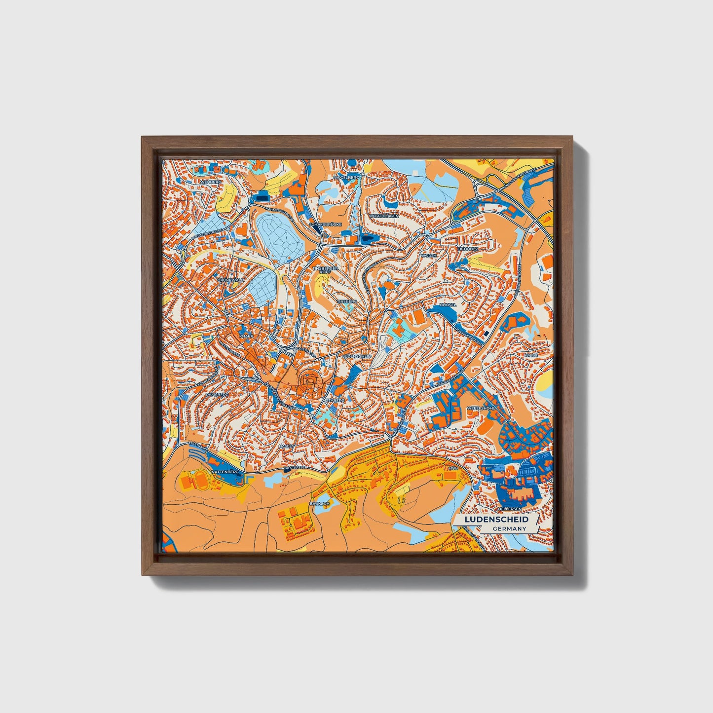 Lüdenscheid Germany Colorful City Map Canvas Print • Dark Wooden Framed