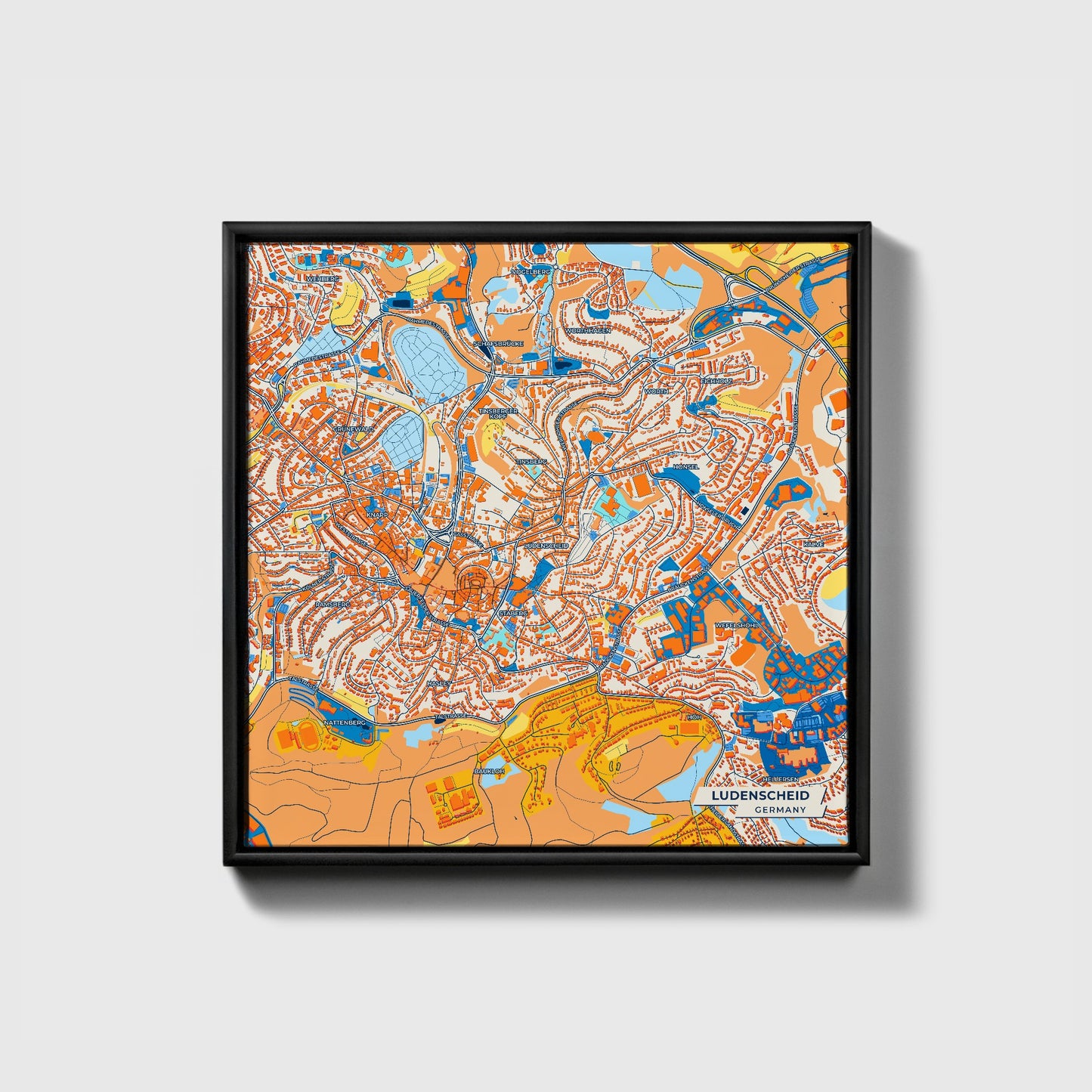Lüdenscheid Germany Colorful City Map Canvas Print • Black Framed