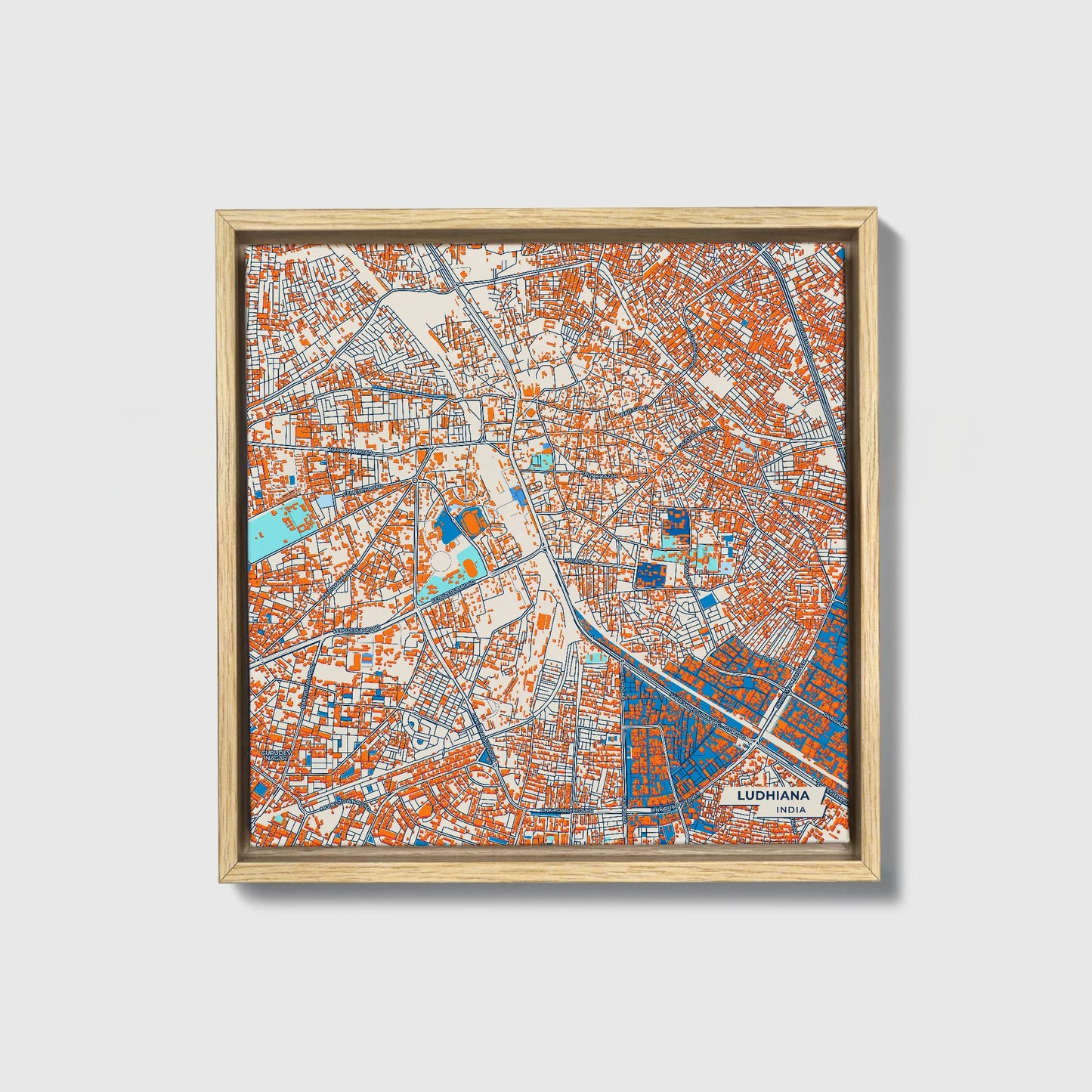 Ludhiana India Colorful City Map Canvas Print • Natural Wooden Framed