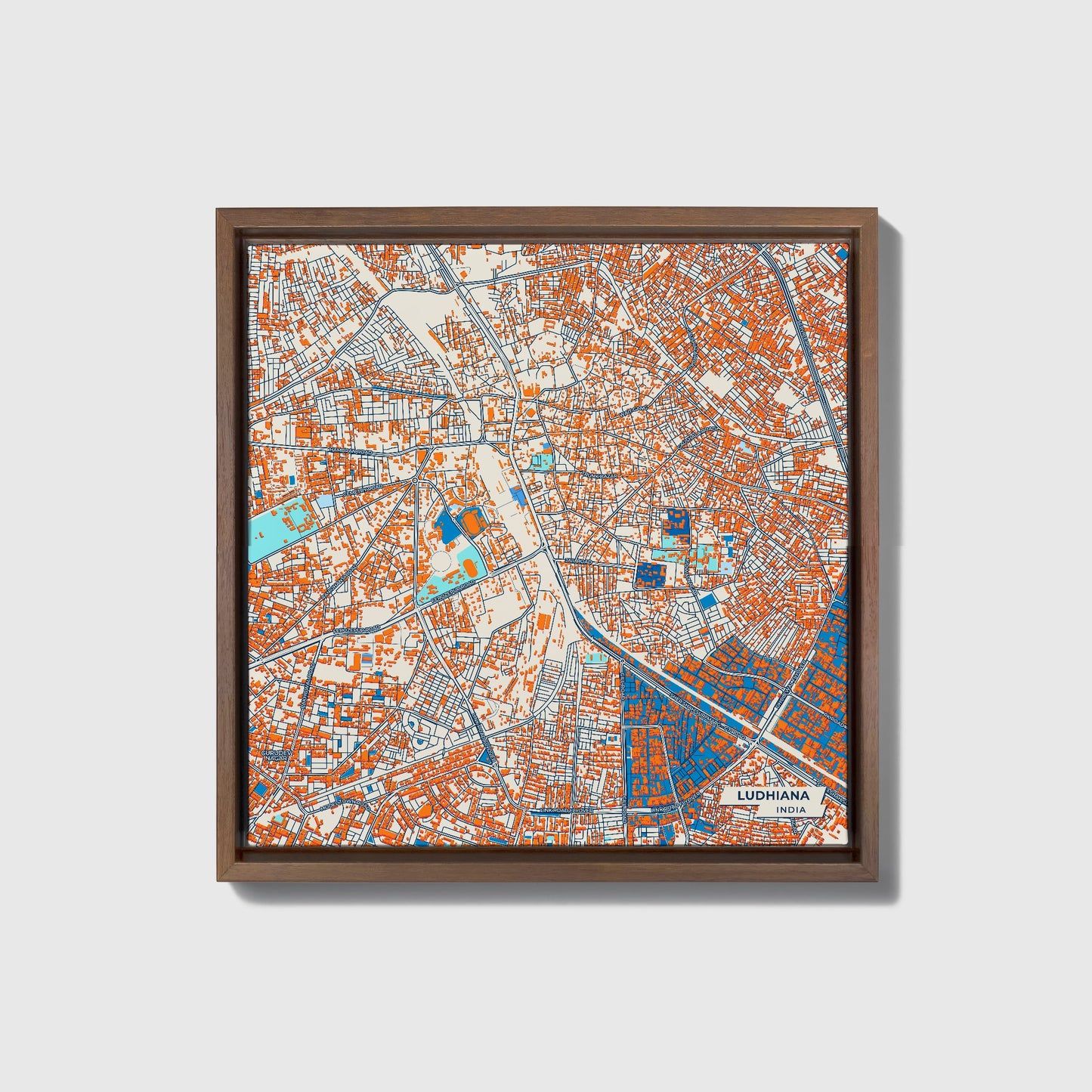 Ludhiana India Colorful City Map Canvas Print • Dark Wooden Framed