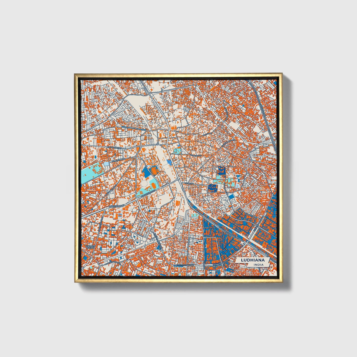 Ludhiana India Colorful City Map Canvas Print • Gold Framed