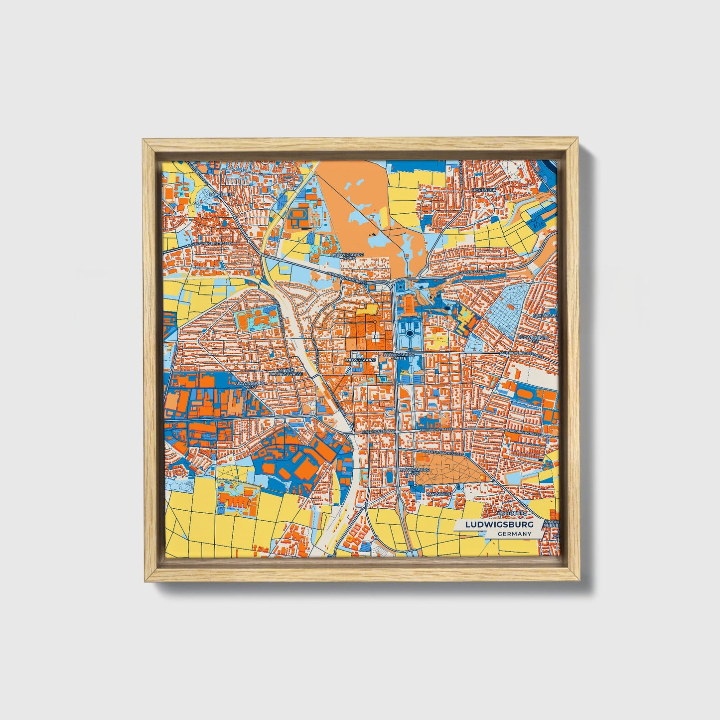 Ludwigsburg Germany Colorful City Map Canvas Print • Natural Wooden Framed