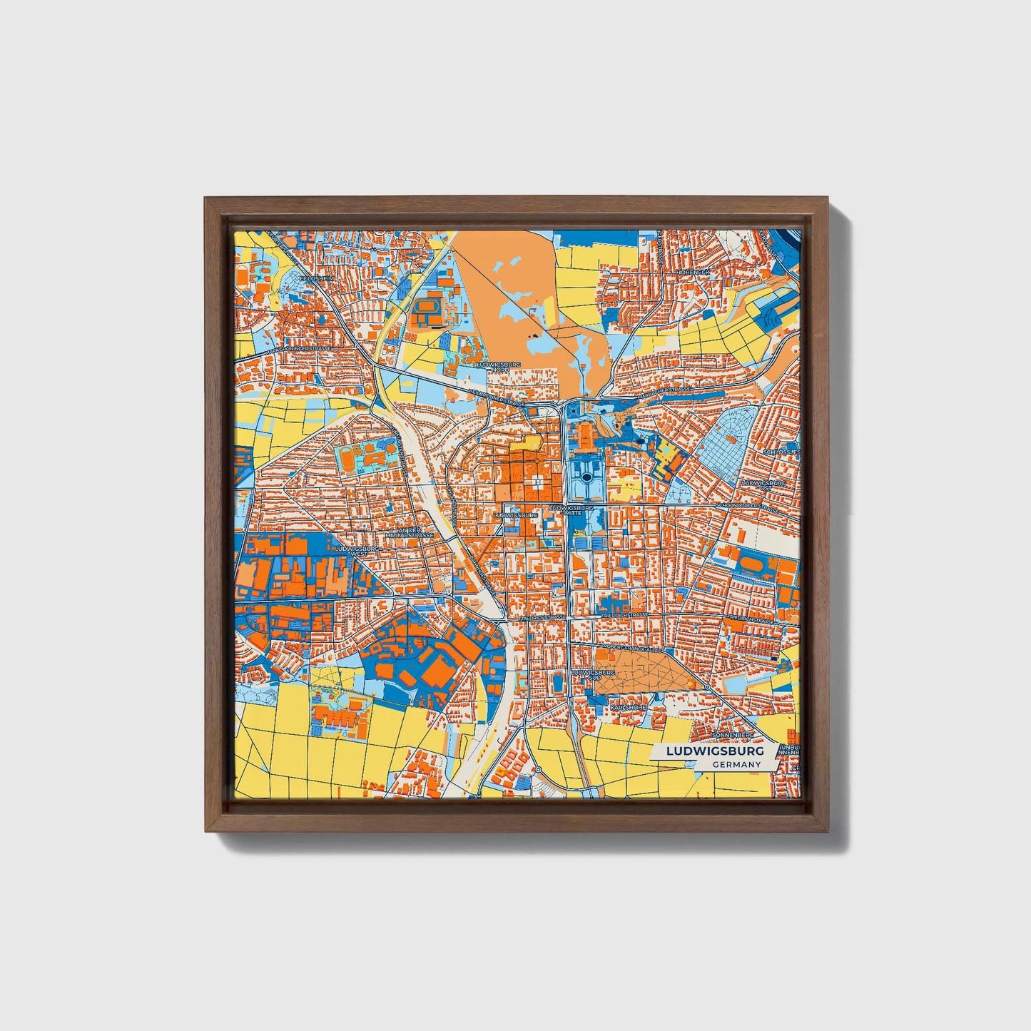 Ludwigsburg Germany Colorful City Map Canvas Print • Dark Wooden Framed