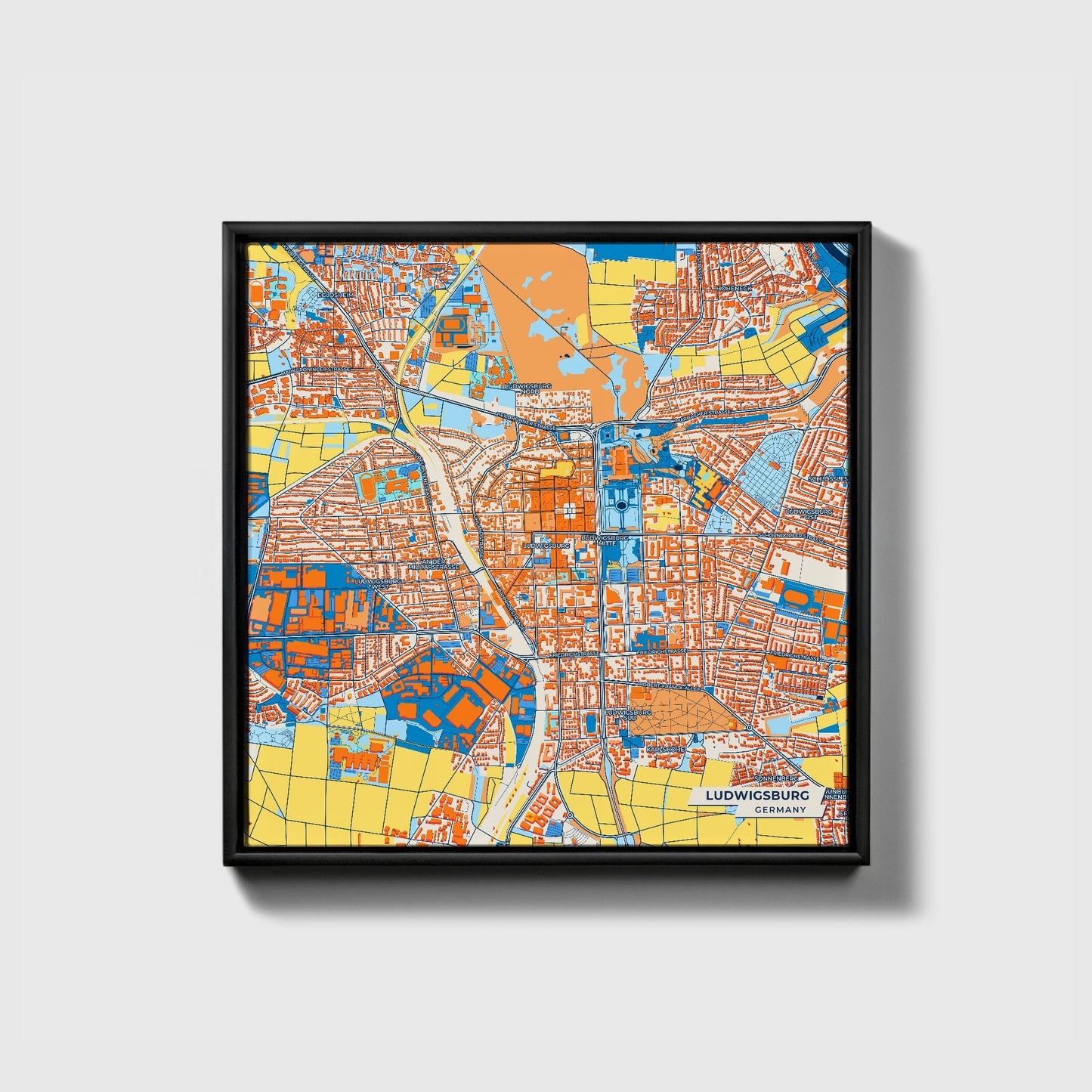 Ludwigsburg Germany Colorful City Map Canvas Print • Black Framed