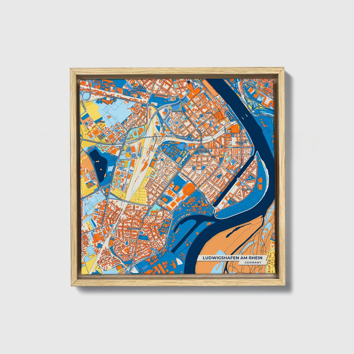 Ludwigshafen Am Rhein Germany Colorful City Map Canvas Print • Natural Wooden Framed