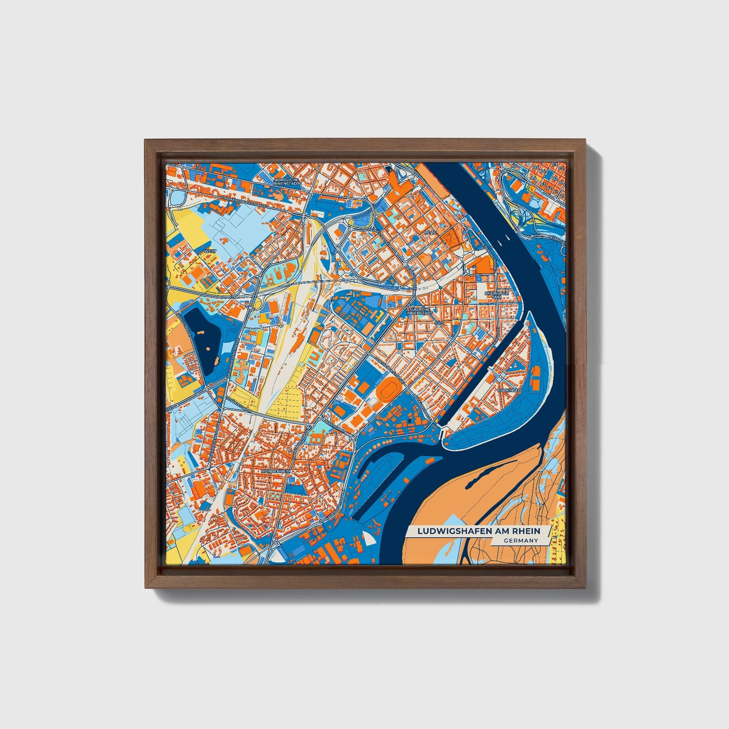 Ludwigshafen Am Rhein Germany Colorful City Map Canvas Print • Dark Wooden Framed