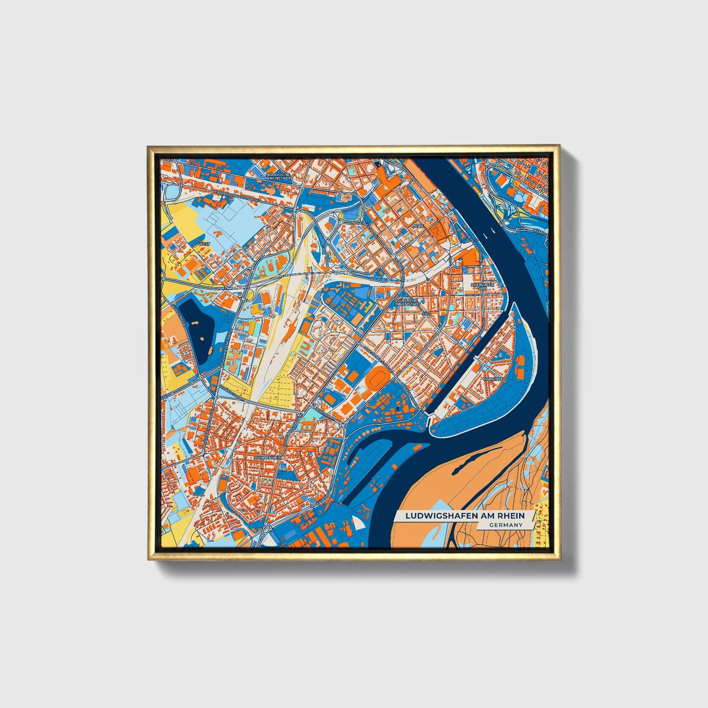 Ludwigshafen Am Rhein Germany Colorful City Map Canvas Print • Gold Framed