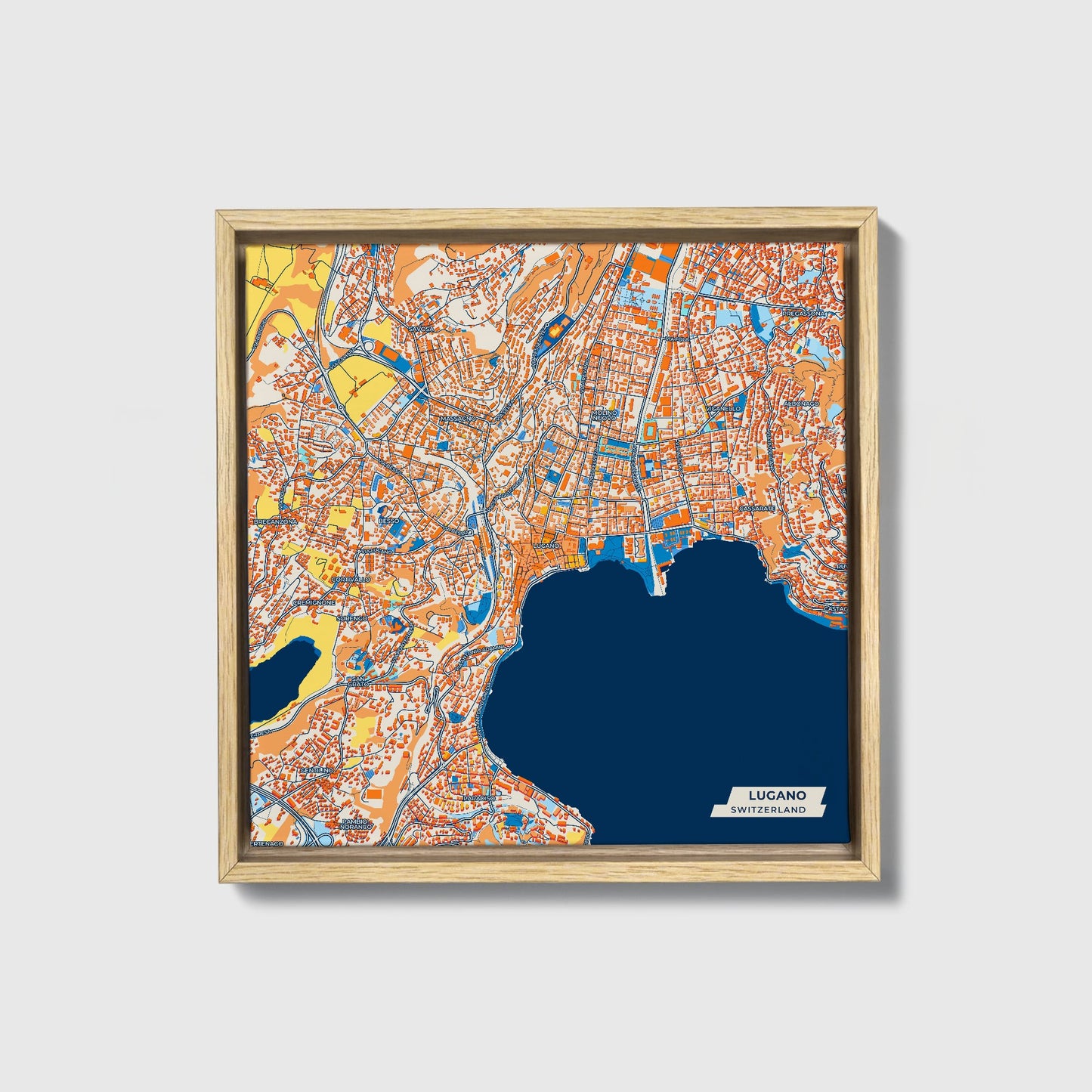 Lugano Switzerland Colorful City Map Canvas Print • Natural Wooden Framed
