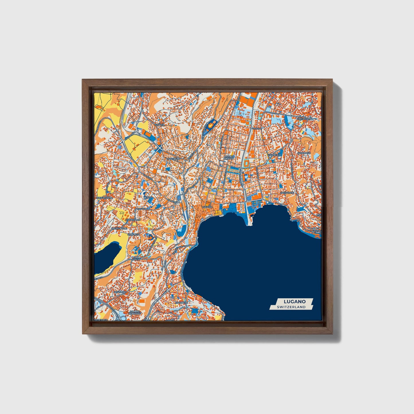 Lugano Switzerland Colorful City Map Canvas Print • Dark Wooden Framed