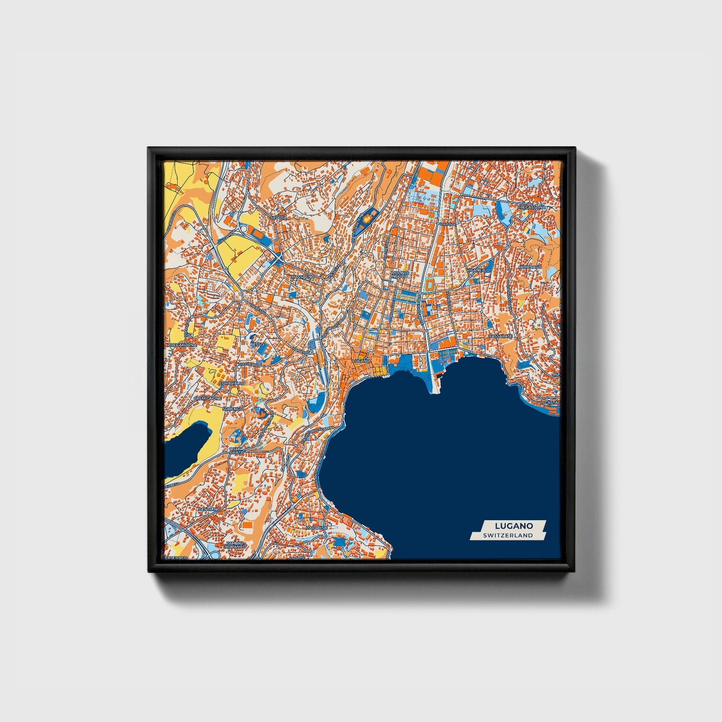 Lugano Switzerland Colorful City Map Canvas Print • Black Framed