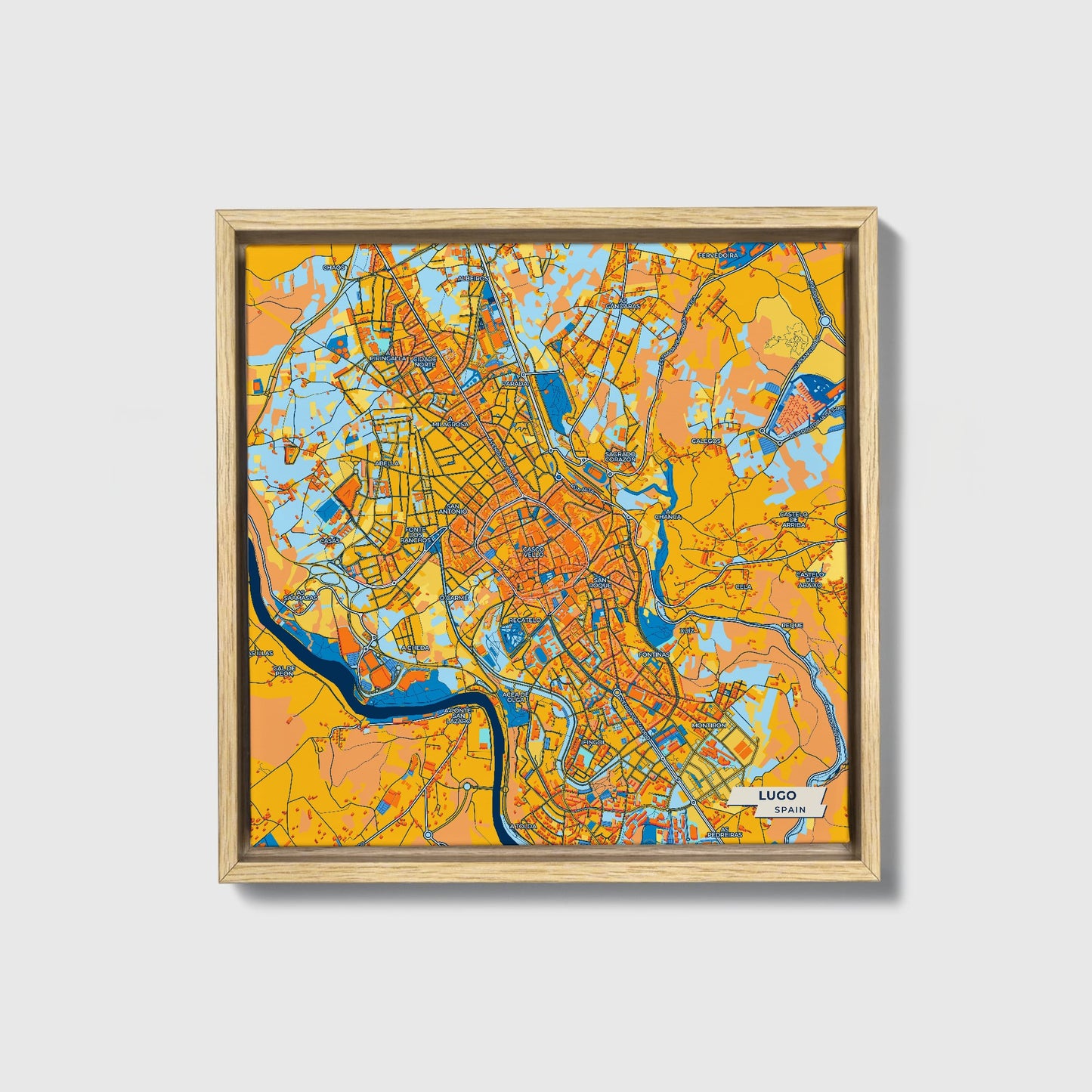 Lugo Spain Colorful City Map Canvas Print • Natural Wooden Framed