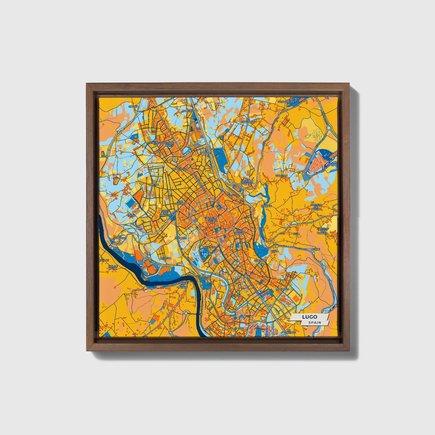 Lugo Spain Colorful City Map Canvas Print • Dark Wooden Framed