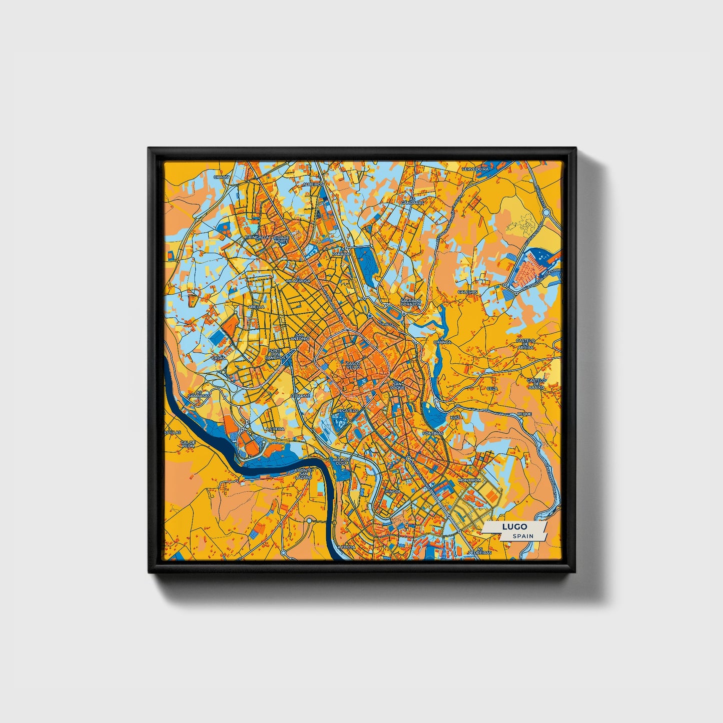 Lugo Spain Colorful City Map Canvas Print • Black Framed