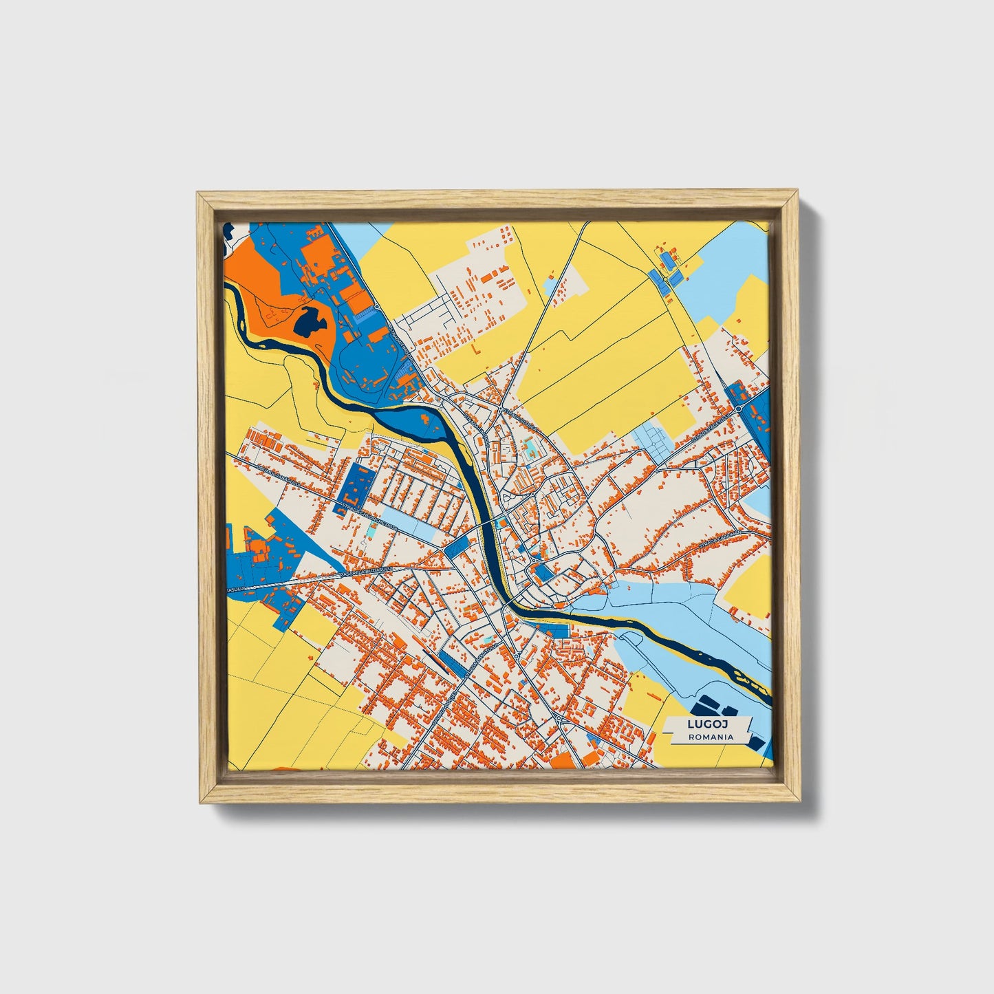 Lugoj Romania Colorful City Map Canvas Print • Natural Wooden Framed