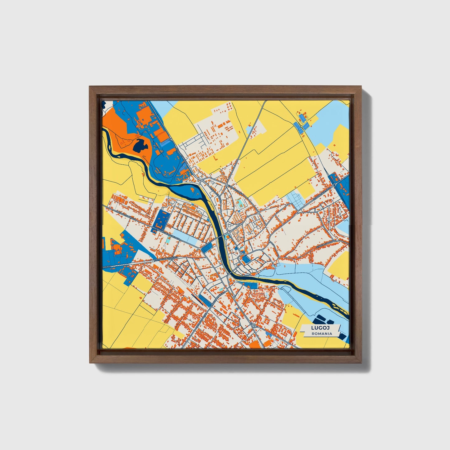 Lugoj Romania Colorful City Map Canvas Print • Dark Wooden Framed