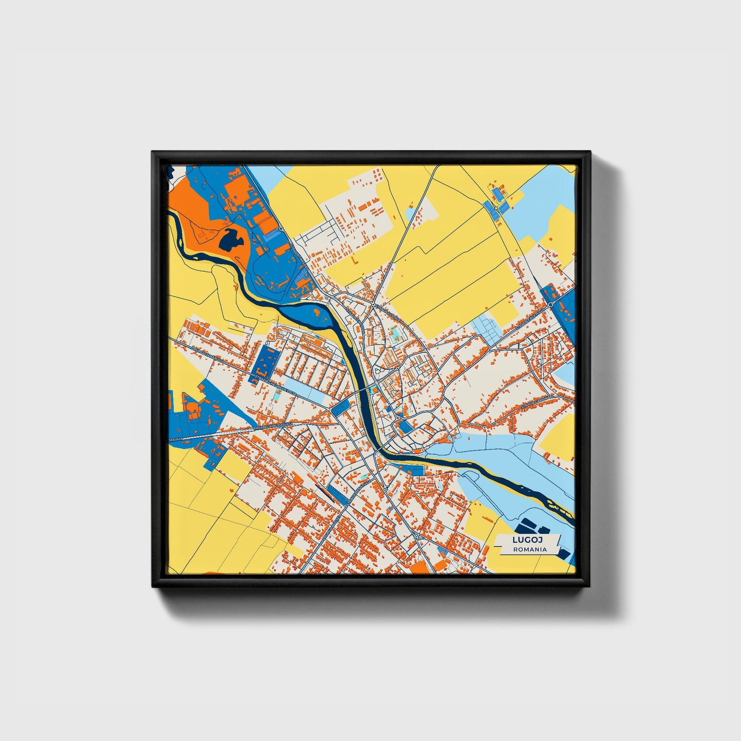 Lugoj Romania Colorful City Map Canvas Print • Black Framed