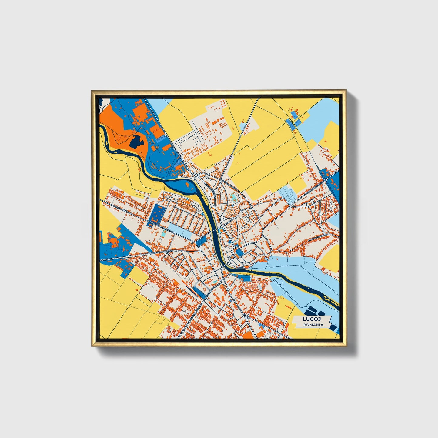 Lugoj Romania Colorful City Map Canvas Print • Gold Framed