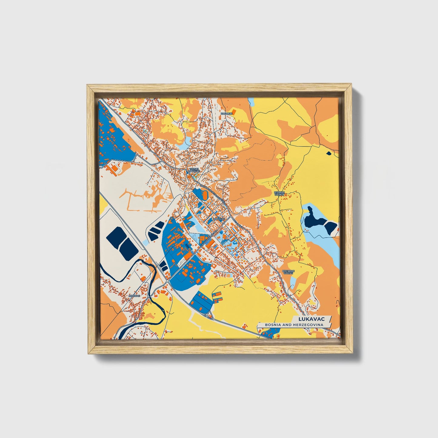 Lukavac Bosnia And Herzegovina Colorful City Map Canvas Print • Natural Wooden Framed