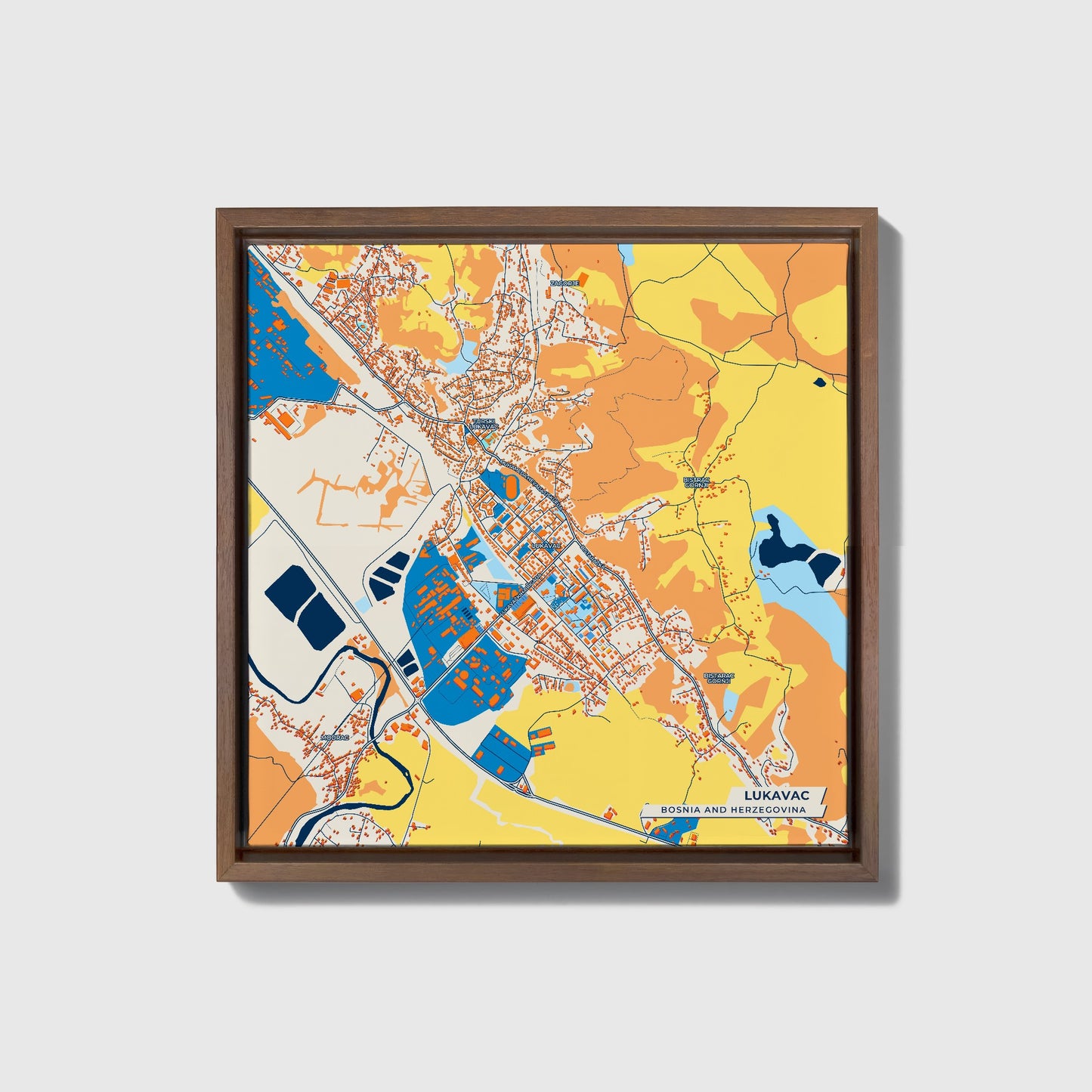 Lukavac Bosnia And Herzegovina Colorful City Map Canvas Print • Dark Wooden Framed