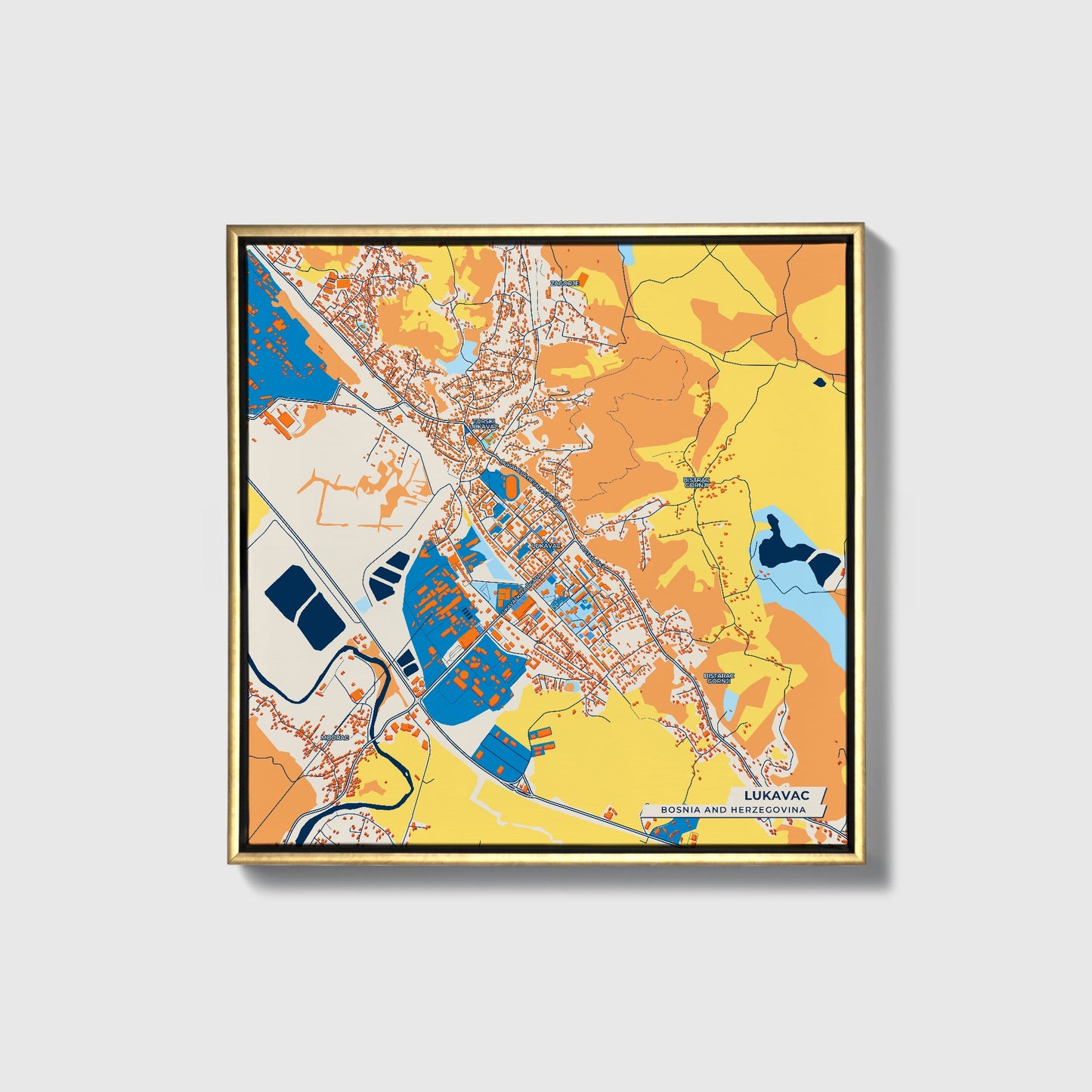 Lukavac Bosnia And Herzegovina Colorful City Map Canvas Print • Gold Framed