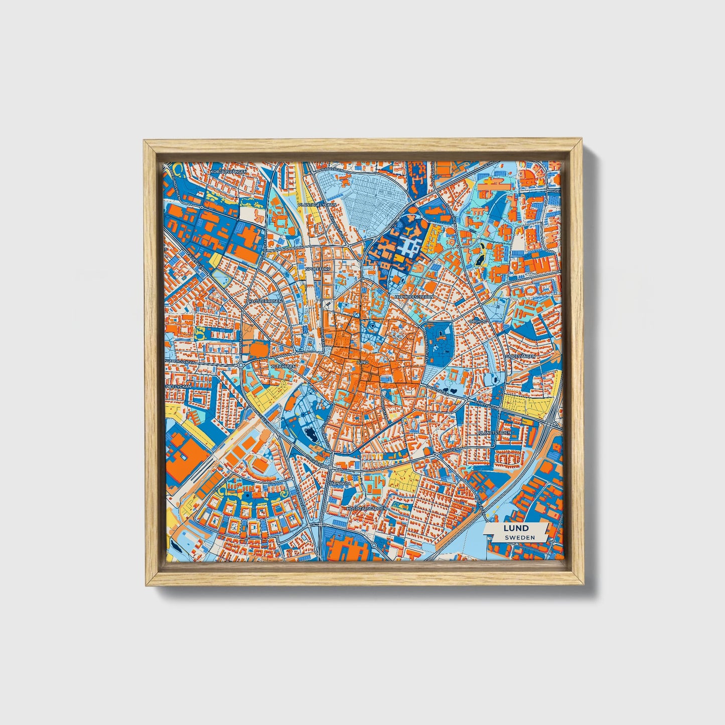 Lund Sweden Colorful City Map Canvas Print • Natural Wooden Framed