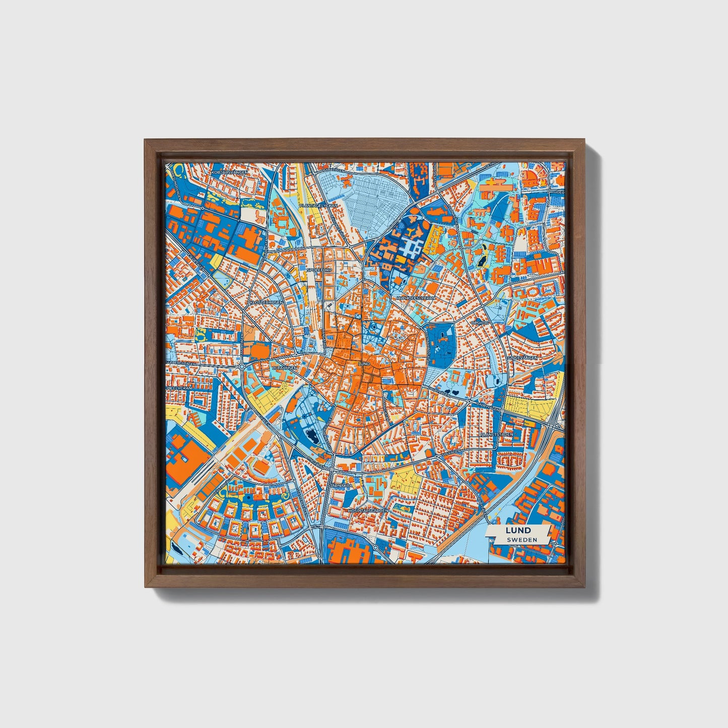 Lund Sweden Colorful City Map Canvas Print • Dark Wooden Framed